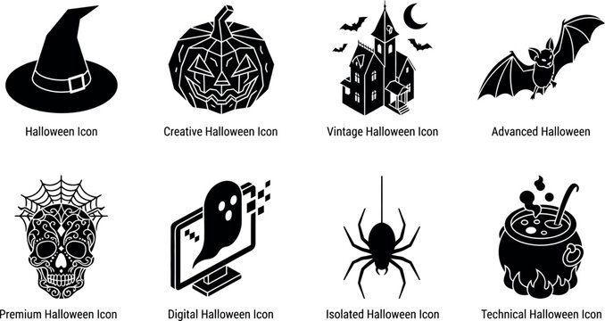 Black and white Halloween vector icons featuring spooky witch hat geometric pumpkin and haunted house designs
