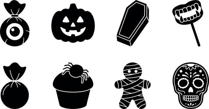 Delightful assortment of spooky Halloween character icons including pumpkins mummies and sugar skulls