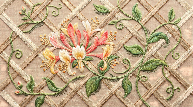 Embroidered Honeysuckle Vine Flowers on Linen Trellis