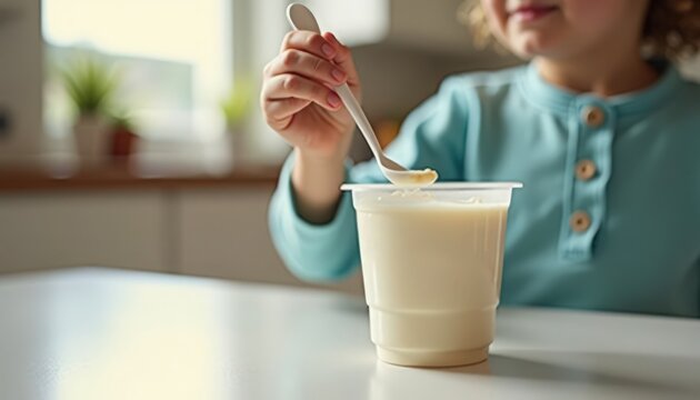 Child eating yogurt with spoon from plastic cup in bright kitchen. Child holds spoon with yogurt while enjoying healthy snack from cup on table. Concept of healthy eating habits for kids.