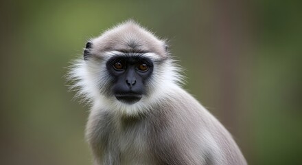 Fototapeta premium Gray langur monkey face with soft bokeh background during daylight in its natural habitat