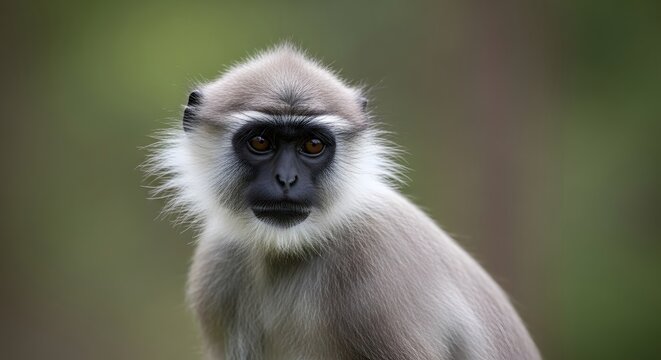 Gray langur monkey face with soft bokeh background during daylight in its natural habitat
