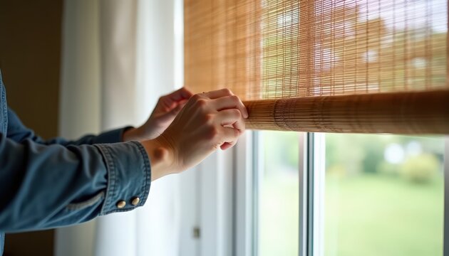 Hands rolling up bamboo blinds in home setting by window. Natural light streams in through opened bamboo shades highlighting home decor. Concept of interior design and window treatments.