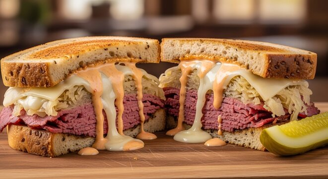 Hearty Reuben sandwich cut in half with melted cheese corned beef sauerkraut and dressing on rye bread with pickle