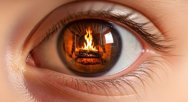 Human eye with fireplace reflection in iris during cozy evening warmth concept