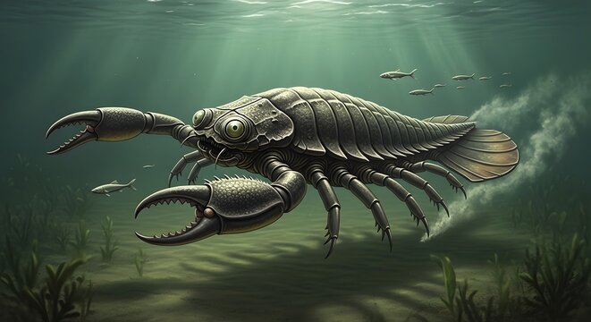 Jaekelopterus sea scorpion swimming underwater with small fish in murky prehistoric ocean depths