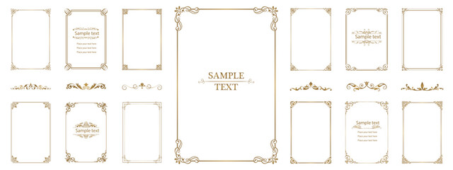 Set of vintage gold ornamental frames and dividers on white background, luxury vector borders with corners, swirls and flourishes for wedding, certificate and invitation design © terentyevner55