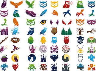 Obraz premium Spooky Halloween owl variants and witchcraft sorcery elements icon set. Containing flying owls, feathers, nests, wizard characters, magical talismans, potion cauldrons, and haunted castles