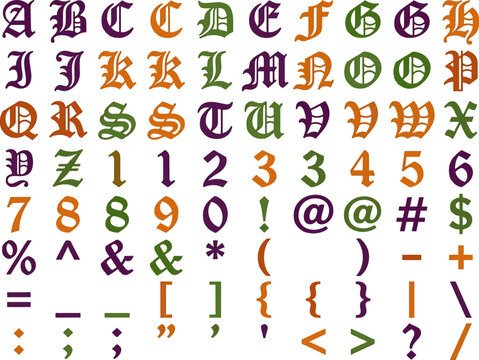 Gothic style alphabet typography, old english font calligraphy, and numbers symbol set. Containing full uppercase letters A to Z, numbers 0 to 9, punctuation marks, and mathematical operators