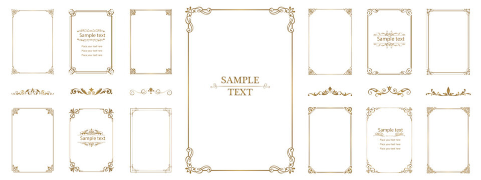 Set of vintage gold ornamental frames and dividers on white background, luxury vector borders with corners, swirls and flourishes for wedding, certificate and invitation design