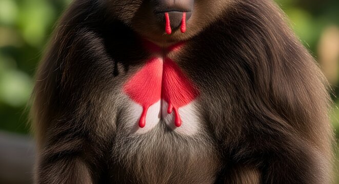 Male Gelada baboon with vibrant red chest markings during daytime with soft bokeh background