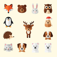 Naklejka premium Cute Cartoon Animal Faces Set: Fox, Bear, Rabbit, Owl, Penguin, Deer, Dog, Cat