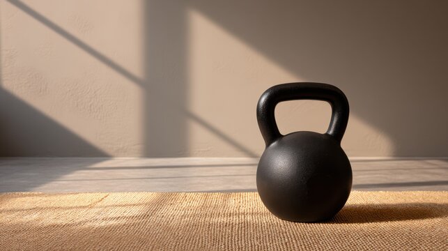 Kettlebell on Rubber Mat with Dramatic Shadows in Minimalist Interior Space