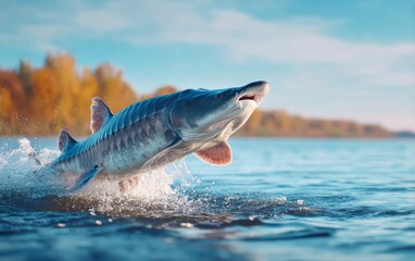 Fototapeta premium Massive Beluga Sturgeon Breaching the Surface of the Volga River