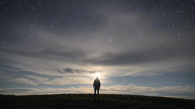 Wide shot of a silhouetted person standing on a hill looking at a bright moon and a starry night sky.