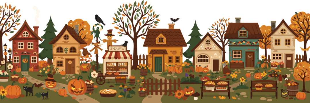 A charming whimsical autumn neighborhood street scene featuring colorful houses surrounded by fall foliage pumpkins and decorative seasonal elements on a white background