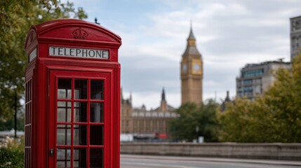 Obraz premium Iconic Red Phone Booth with Blurred Big Ben in London Cityscape Background