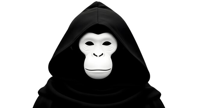 Person wearing a white monkey mask and black hooded robe against a white background