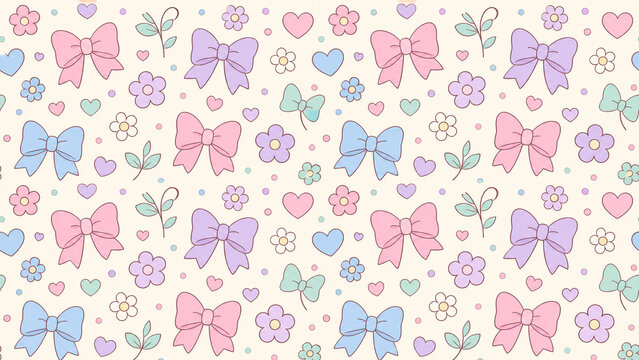 seamless pattern with flowers and bow cute