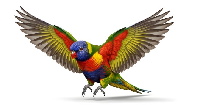 Rainbow lorikeet bird in flight against a clean white background with wings spread wide