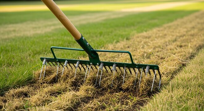 Raking dead grass from a lawn during bright daylight with a garden tool