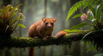 Fototapeta premium Small lemur perched on a mossy branch in a lush rainforest with soft lighting and blurred background