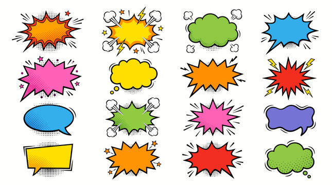 Blank Pop Art Comic Speech Bubbles and Explosive Burst Stickers for Message Design