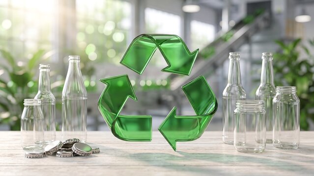 Glass Bottle Recycling Sustainability Initiative. Recycle symbol surrounded by empty clear glass bottles jars and metal bottle caps on wooden surface with indoor plants and daylit facility background