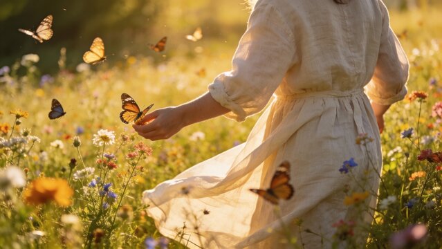 Woman wearing flowing linen dress walking through vibrant wildflower meadow surrounded by graceful butterflies glowing golden hour sunlight creating dreamy magical atmosphere serene connection with 