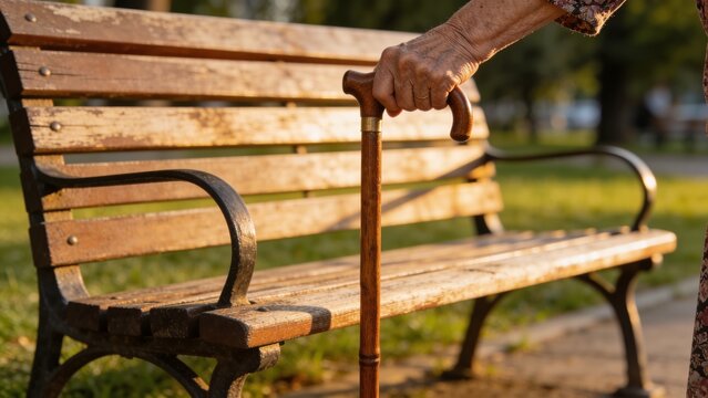 Closeup elderly hand firmly holding wooden walking cane beside empty park bench during warm golden hour sunlight symbolizing aging mobility independence support resilience healthcare retirement active