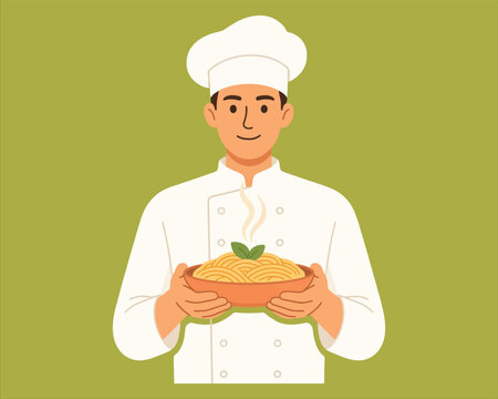 Friendly male chef holding a bowl of fresh hot pasta