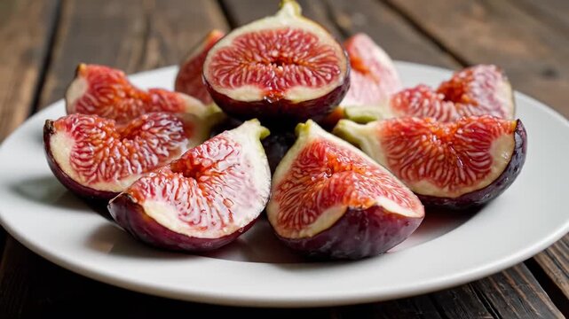 Sliced figs on white plate, seeds glisten on rustic wooden table. Focus on fig theme through figs motif and fig fruit context for recipes, menus, packaging, education, social concepts