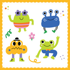 Fototapeta premium Playful Frog Character Set with Cute Hand-Drawn Cartoon Style