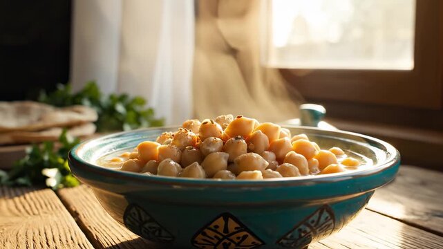 Bowl of chickpeas on wooden table by window, warm sunlight across ceramic rim. Garbanzo beans set cozy kitchen tone, garbanzo staple for recipes, nutrition posts, food branding, social concepts