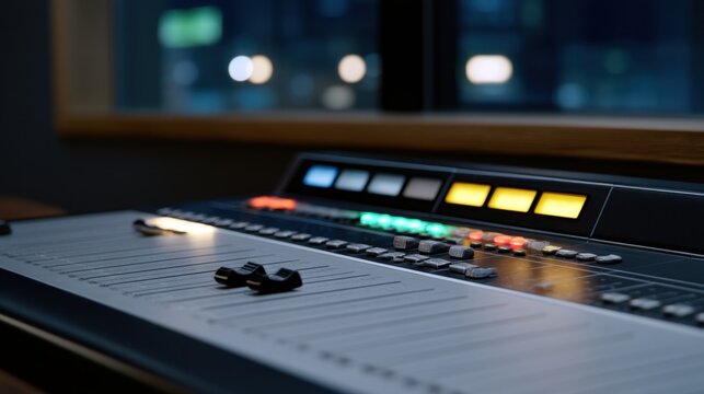 Close-Up of a Recording Console with Glowing Sliders in a Dimly Lit Studio