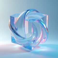 Naklejka na ściany i meble Abstract transparent cube shape with blue swirling liquid inside. Futuristic object design with light reflections and soft pastel color gradient background. Modern art.