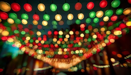 Obraz premium A Vibrant Display Of Multicolored Bokeh Lights In Shades Of Red Green And Yellow Creating A Festive And Cheerful Atmosphere Perfect For Holiday Or Celebration Themes