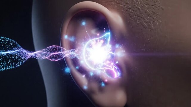 Digital sound wave entering human ear canal 3D illustration.