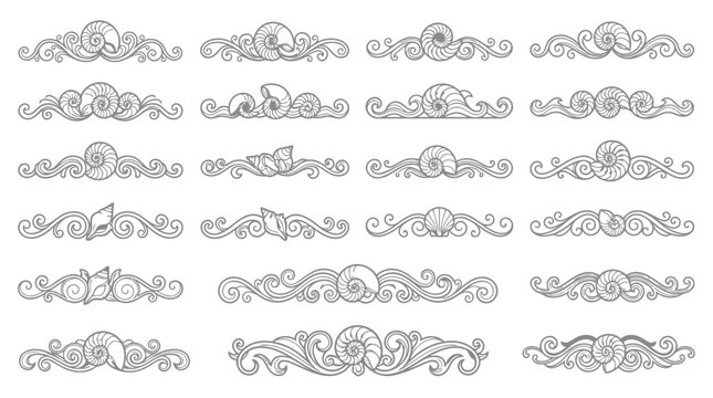 Set of seashell decorative dividers, ornate frames, scroll elements, nautical borders vector art.