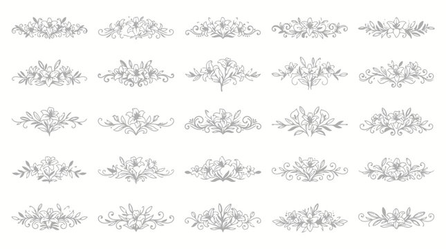 Floral lily and leaf dividers and borders for elegant design elements romantic style.