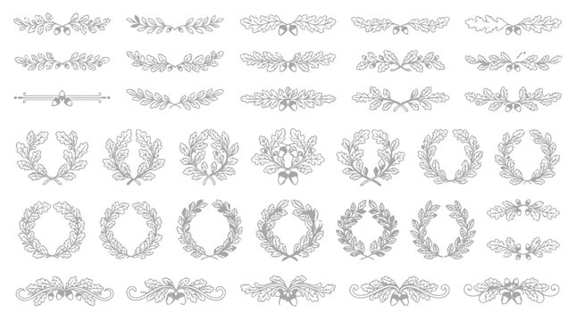 Oak leaf and acorn dividers and borders for vintage design elements rustic style.
