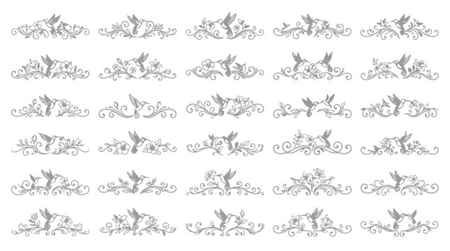 Hummingbird and floral dividers and borders for whimsical design elements elegant style.