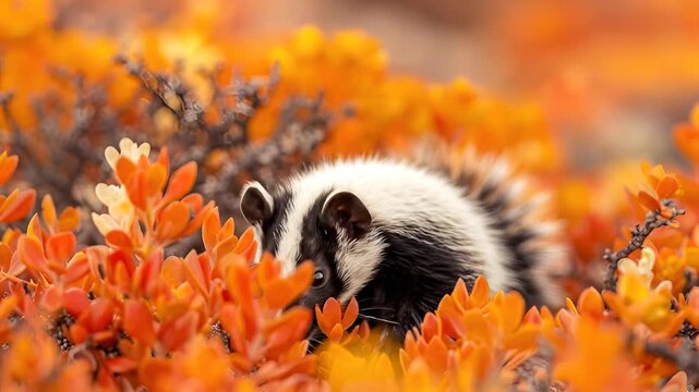Striped Skunk in Vibrant Orange Autumn Foliage