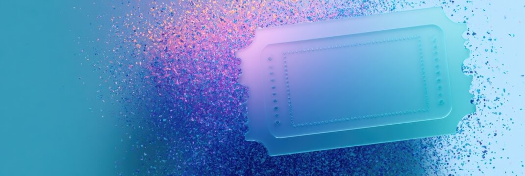 A semi-transparent promo code ticket with a dotted field and confetti on a blue gradient background, perfect for promotions.