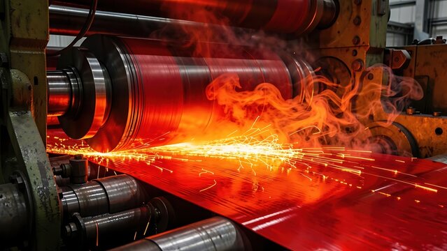 Hot steel rolling mill with glowing metal sheet and sparks, dramatic industrial scene for heavy industry manufacturing production concept