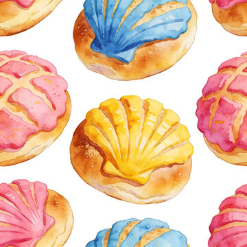 Watercolor Mexican conchas seamless pattern. Hand drawn traditional sweet bread pan dulce with colorful shell