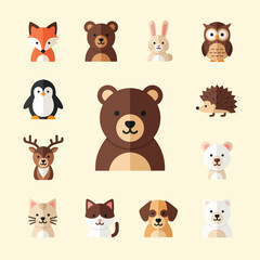 Fototapeta premium Cute Flat Animal Icons Set - Forest, Arctic, Domestic Creatures
