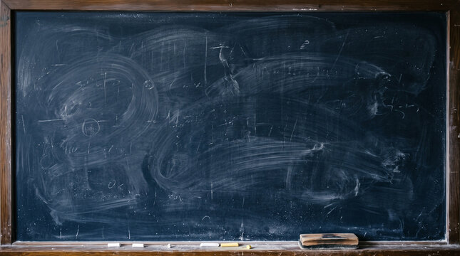 dark navy blue chalkboard texture with chalk dust and wooden frame background