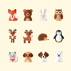 Fototapeta premium Cute Flat Animal Icons Set: Fox, Bear, Rabbit, Owl, Deer, Hedgehog, Penguin, Cat, Dog