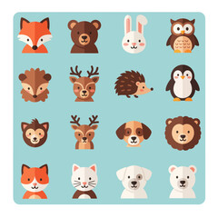 Fototapeta premium Cute Flat Animal Icons Set: Fox, Bear, Rabbit, Owl, Deer, Hedgehog, Penguin, Dog